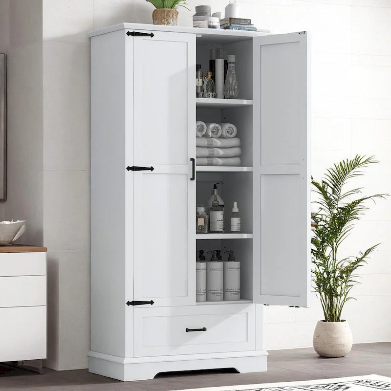 Mobile alto da bagno con due ante, un cassetto e ripiano regolabile, pannello MDF, bianco