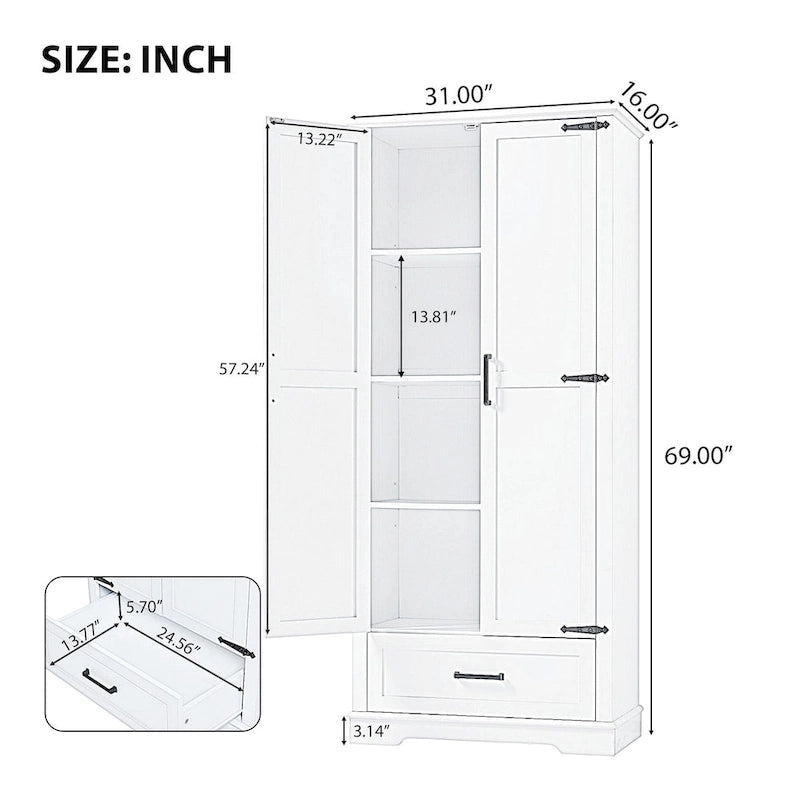 Mobile alto da bagno con due ante, un cassetto e ripiano regolabile, pannello MDF, bianco